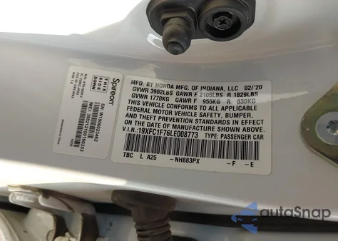 2020 Honda Civic Ex-L from USA, damaged, VIN 19XFC1F76LE008773